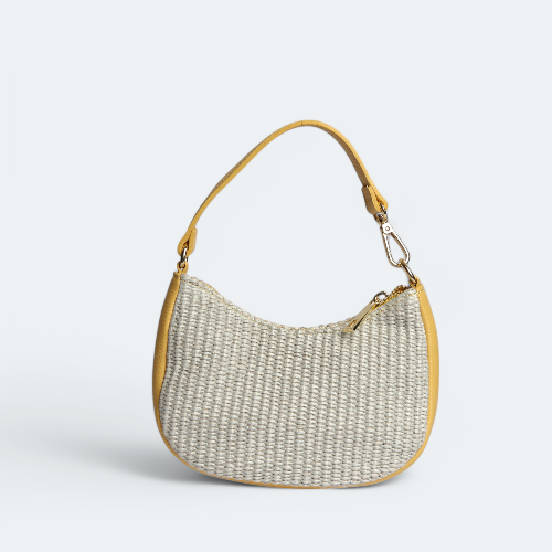 Sac Clara S mini en cuir jaune et raphia vert clair – vue studio